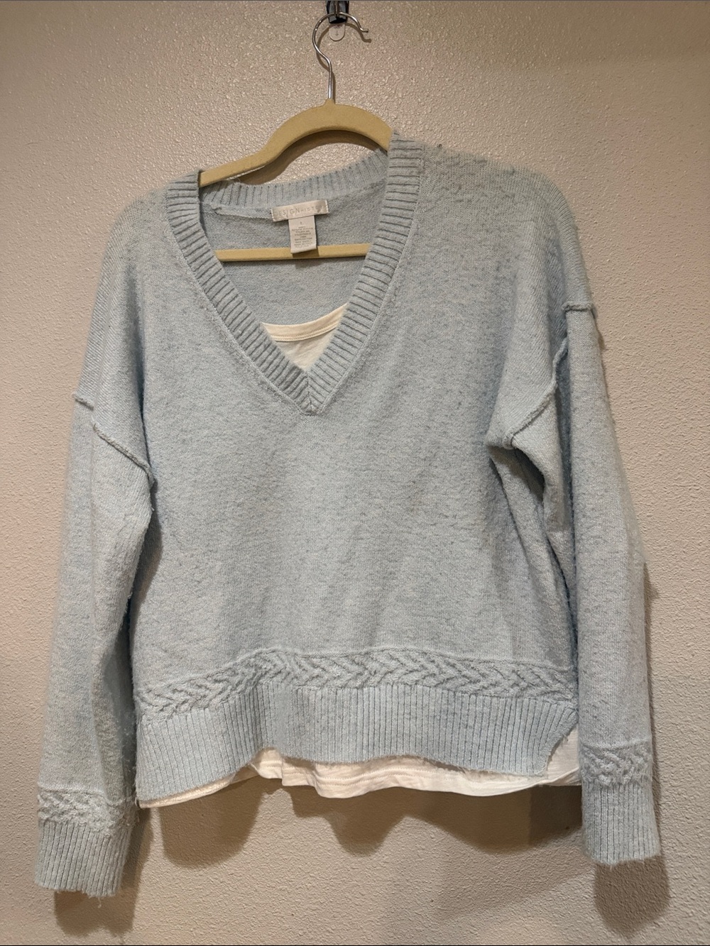 Design History Light Blue V-Neck Sweater with Cable Trim